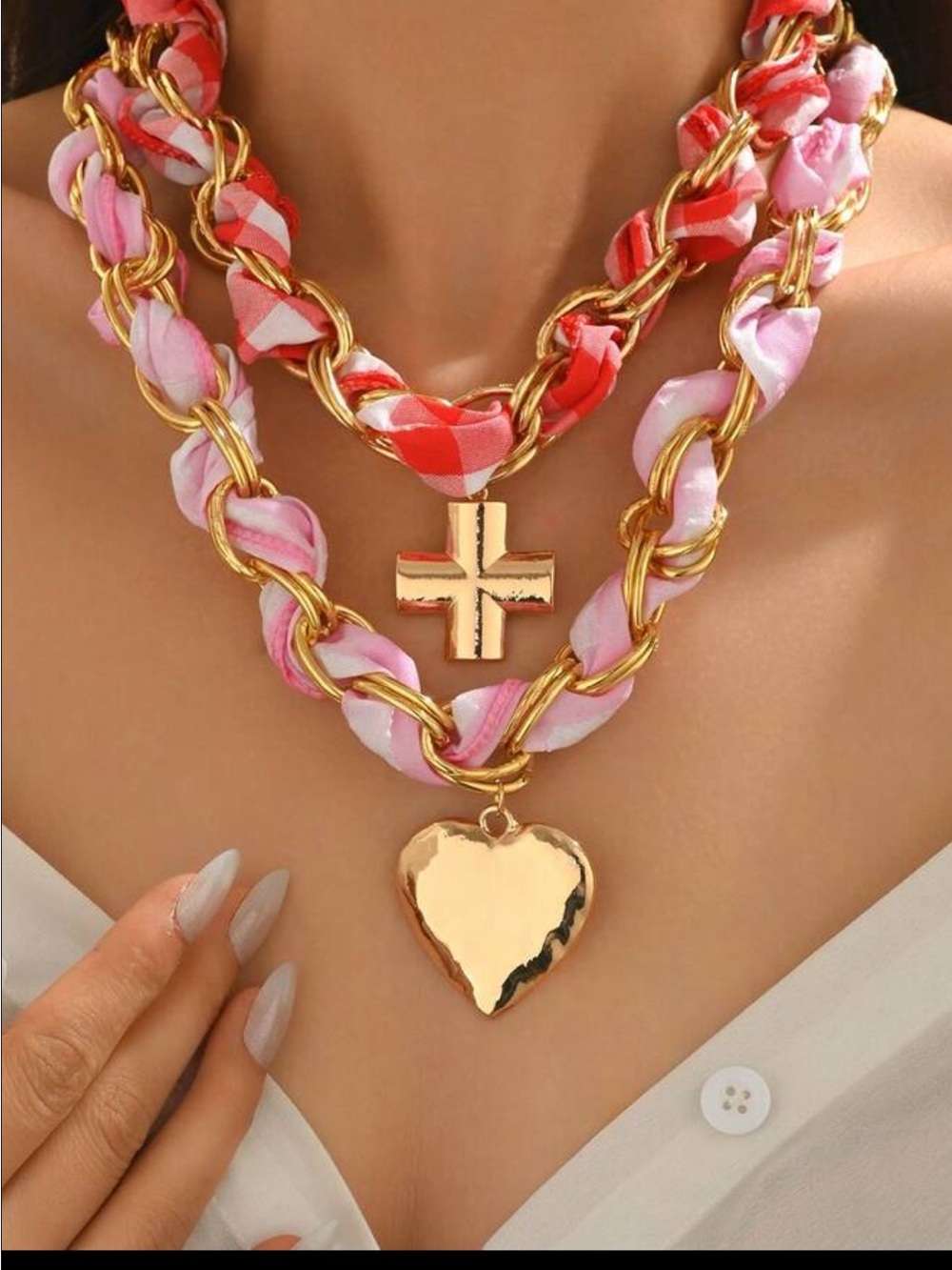 Gold-Tone Layered Heart & Cross Necklaces with Pink and Red Fabric - Picture 1 of 5